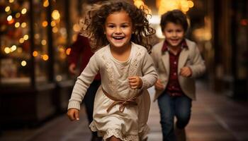 ai gegenereerd glimlachen kinderen spelen buitenshuis, genieten van zorgeloos kinderjaren gegenereerd door ai foto