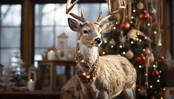 ai gegenereerd schattig hert op zoek Bij camera, verlichte door Kerstmis lichten gegenereerd door ai foto