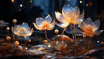 ai gegenereerd kleurrijk lotus bloem weerspiegelt schoonheid in rustig vijver gegenereerd door ai foto