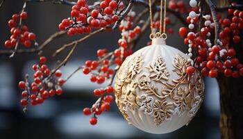 ai gegenereerd winter viering ornament hangende Aan Kerstmis boom Afdeling gegenereerd door ai foto