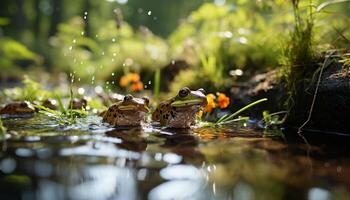 ai gegenereerd schattig pad zittend Aan nat blad in Woud gegenereerd door ai foto