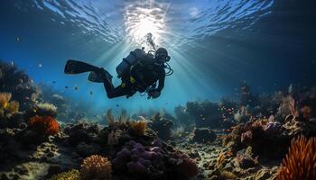 ai gegenereerd duiken in blauw water, verkennen onderwater- schoonheid gegenereerd door ai foto