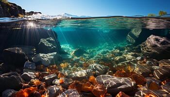 ai gegenereerd onderwater- schoonheid in natuur vis, rif, en blauw gegenereerd door ai foto