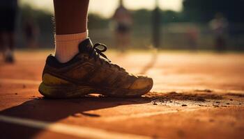 ai gegenereerd mannen sport- schoen jogging buitenshuis Aan een met gras begroeid bijhouden Bij zonsondergang gegenereerd door ai foto