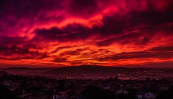 ai gegenereerd silhouet van berg reeks tegen Purper en oranje zonsondergang lucht gegenereerd door ai foto