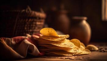 ai gegenereerd stack van knapperig tortilla chips Aan rustiek houten tafel, smakelijk tussendoortje gegenereerd door ai foto