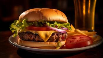 ai gegenereerd gegrild hamburger met kaas, tomaat, en Frans Patat voor lunch gegenereerd door ai foto