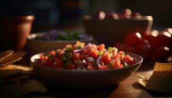 ai gegenereerd versheid Aan een houten tafel gezond salade, eigengemaakt guacamole, vegetarisch maaltijd gegenereerd door ai foto