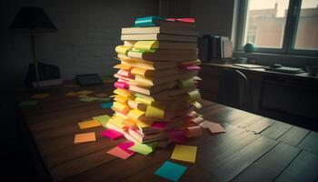 ai gegenereerd stack van kleurrijk boeken Aan houten tafel in bibliotheek voor aan het studeren gegenereerd door ai foto