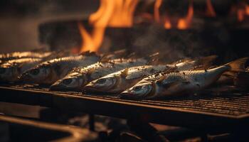 ai gegenereerd gegrild vis filet Aan een barbecue, een heerlijk zomer maaltijd gegenereerd door ai foto