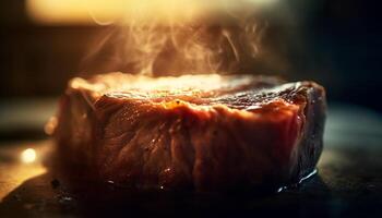 ai gegenereerd gegrild steak Aan een bord, gekookt naar perfectie over- brandend steenkool gegenereerd door ai foto