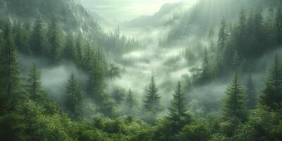 ai gegenereerd filmische groen Woud en berg landschap, omhuld in dicht mist en de nevel, creëren een volumetrisch sfeervol tafereel foto