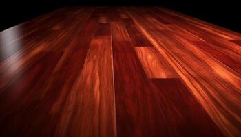 ai gegenereerd houten plank tafel in een donker kamer met gestreept backdrop gegenereerd door ai foto