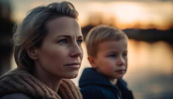 ai gegenereerd een liefhebbend familie geniet de zonsondergang buitenshuis, omarmen natuur schoonheid gegenereerd door ai foto