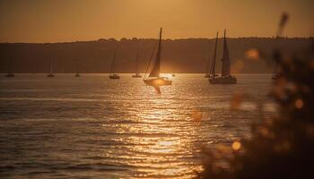 ai gegenereerd zeilboot glijdt Aan rustig wateren, zonsondergang verven een gouden schemer gegenereerd door ai foto