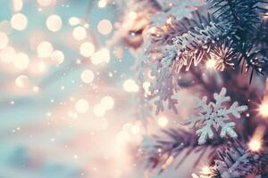 ai gegenereerd dichtbij omhoog van een Kerstmis boom met sneeuw vlokken foto
