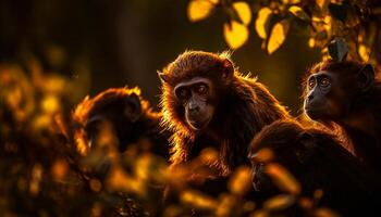 ai gegenereerd schattig aap zittend Aan boom, op zoek Bij zonsondergang in Afrika gegenereerd door ai foto