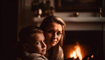 ai gegenereerd een gelukkig familie omarmt, lachend, in hun knus leven kamer gegenereerd door ai foto