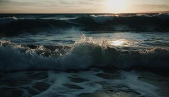ai gegenereerd zonsondergang over- de rustig kustlijn, golven spatten gegenereerd door ai foto
