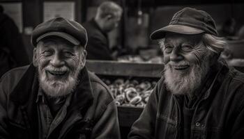 ai gegenereerd glimlachen senior mannen buitenshuis, op zoek Bij camera, vrolijk en gelukkig gegenereerd door ai foto