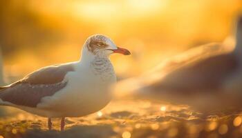 ai gegenereerd zeemeeuw vliegend over- de kustlijn Bij zonsondergang, natuur schoonheid tentoongesteld gegenereerd door ai foto