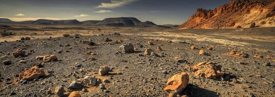 ai gegenereerd majestueus woestijn landschap met rotsen en bergen foto
