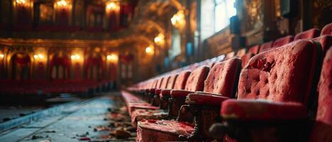 ai gegenereerd vervallen en gescheurd roze stoelen in een verlaten theater koesteren in de nostalgie van Verleden grootsheid foto