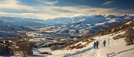 ai gegenereerd skiërs oplopend besneeuwd alpine hellingen foto