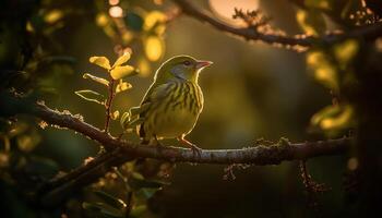 ai gegenereerd een klein geel vogel neerstrijken Aan een Afdeling in de Woud gegenereerd door ai foto