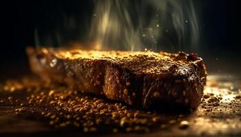 ai gegenereerd gegrild steak, gekookt naar perfectie, klaar naar eten, met rokerig smaak gegenereerd door ai foto