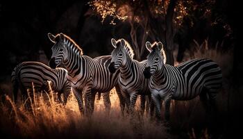 ai gegenereerd zebra kudde begrazing in de Afrikaanse savanne, natuur gestreept schoonheid gegenereerd door ai foto