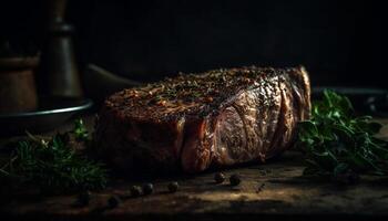 ai gegenereerd gegrild steak, vers filet, barbecue varkensvlees, gekookt Aan rustiek hout gegenereerd door ai foto