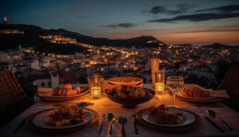 ai gegenereerd nacht valt Aan een tafel reeks met een zonsondergang feest gegenereerd door ai foto