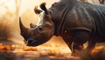 ai gegenereerd Afrikaanse neushoorn begrazing in de wildernis, sterkte in natuur schoonheid gegenereerd door ai foto