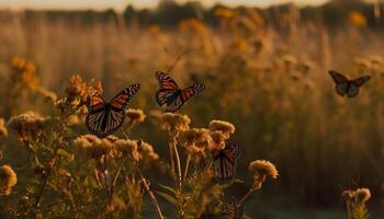 ai gegenereerd een levendig vlinder in natuur, vliegend temidden van weide gras gegenereerd door ai foto