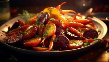 ai gegenereerd vers, gezond tomaat salade Aan een fijnproever vegetarisch bord gegenereerd door ai foto