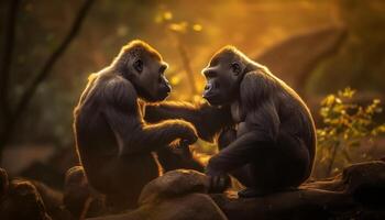 ai gegenereerd schattig aap familie zittend in de wild, genieten van de zonsondergang gegenereerd door ai foto