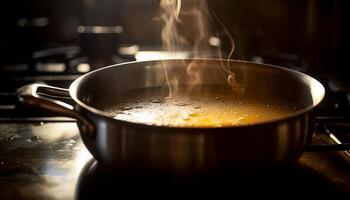 ai gegenereerd versheid en warmte in de keuken, Koken gezond maaltijden binnenshuis gegenereerd door ai foto