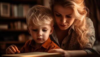 ai gegenereerd kinderjaren bonding schattig Kaukasisch familie lezing, aan het leren, en glimlachen samen gegenereerd door ai foto