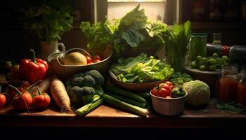 ai gegenereerd vers groenten Aan houten tafel, gezond aan het eten voor vegetarisch eetpatroon gegenereerd door ai foto