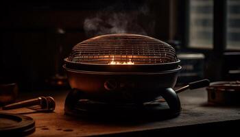 ai gegenereerd vlam brandend hout Aan oud tafel, Koken maaltijd binnenshuis gegenereerd door ai foto