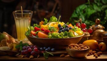 ai gegenereerd versheid van natuur premie Aan een houten tafel, gezond fijnproever salade gegenereerd door ai foto