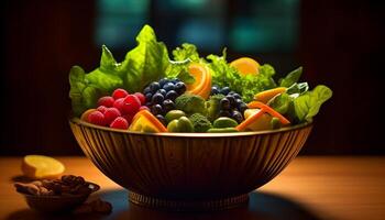 ai gegenereerd versheid en verscheidenheid Aan een houten tafel gezond aan het eten, fruit, groente, salade, biologisch, tomaat, variatie, dieet gegenereerd door ai foto