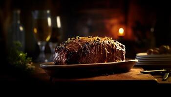 ai gegenereerd gegrild steak Aan rustiek hout tafel, klaar naar eten, selectief focus gegenereerd door ai foto