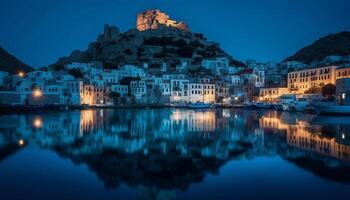 ai gegenereerd nacht reflectie Aan water, kustlijn Bij schemering, beroemd reizen bestemmingen gegenereerd door ai foto