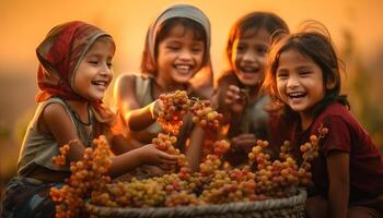 ai gegenereerd glimlachen meisjes, vrolijk jongens, schattig kinderen genieten van natuur oogst gegenereerd door ai foto