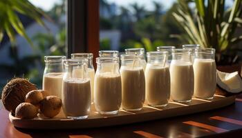 ai gegenereerd vers milkshake Aan een houten tafel, een tropisch zomer genot gegenereerd door ai foto