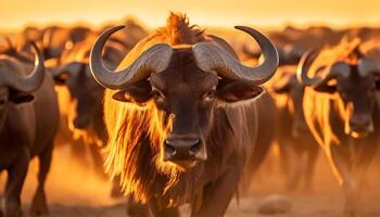 ai gegenereerd dier natuur vee zoogdier gehoornd koe buitenshuis Afrika boerderij zonsondergang landbouw gegenereerd door ai foto