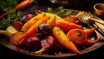 ai gegenereerd versheid en gezond aan het eten gegrild vegetarisch maaltijd met wortel en ui gegenereerd door ai foto