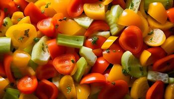 ai gegenereerd vers, kleurrijk vegetarisch salade met rijp tomaten en klok paprika's gegenereerd door ai foto